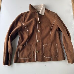 LL Bean Faux Suede Jacket Women’s Size M Regular Fleece Lining Brown Cream